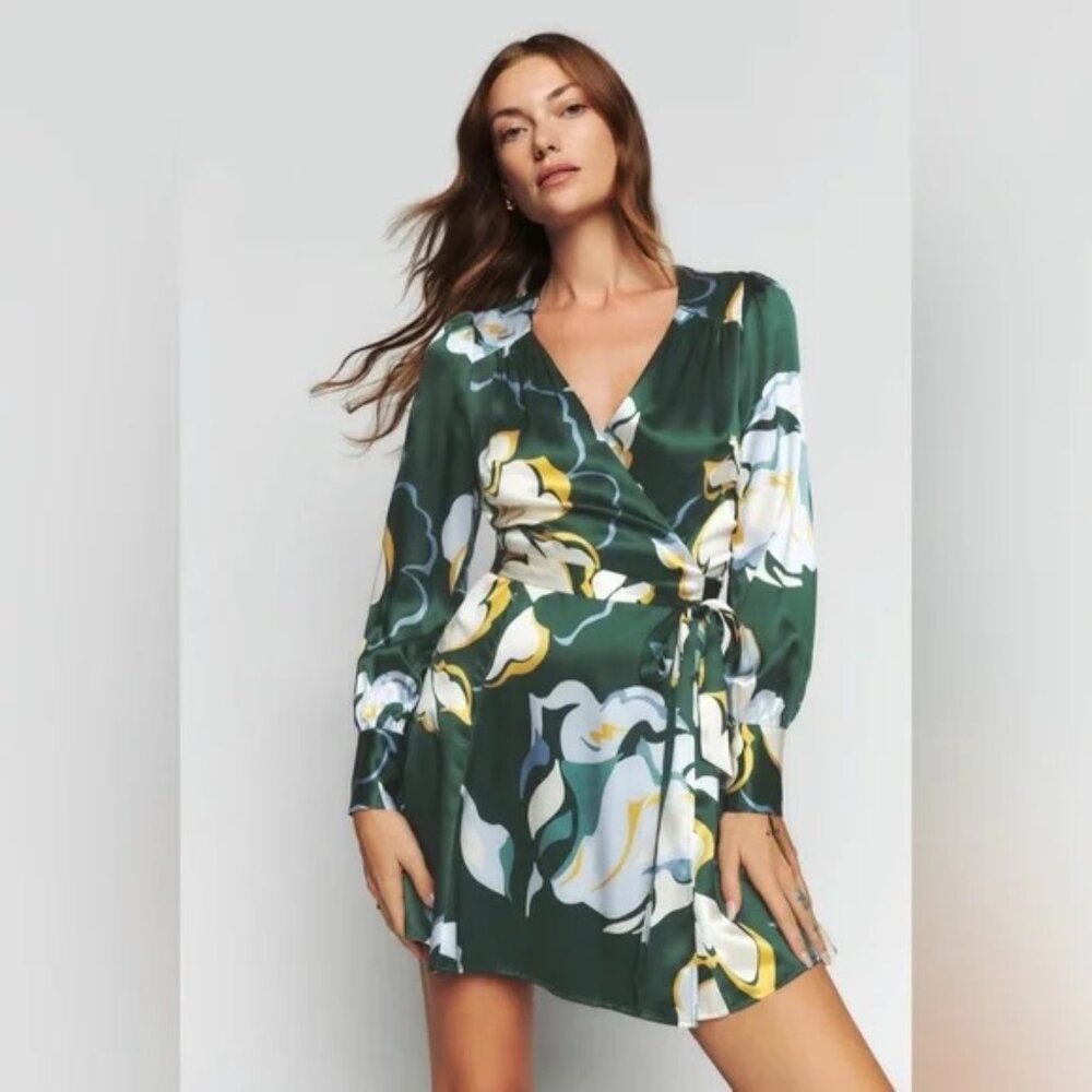 Reformation Chrisley Silk Floral Print Mini Wrap Dress XS